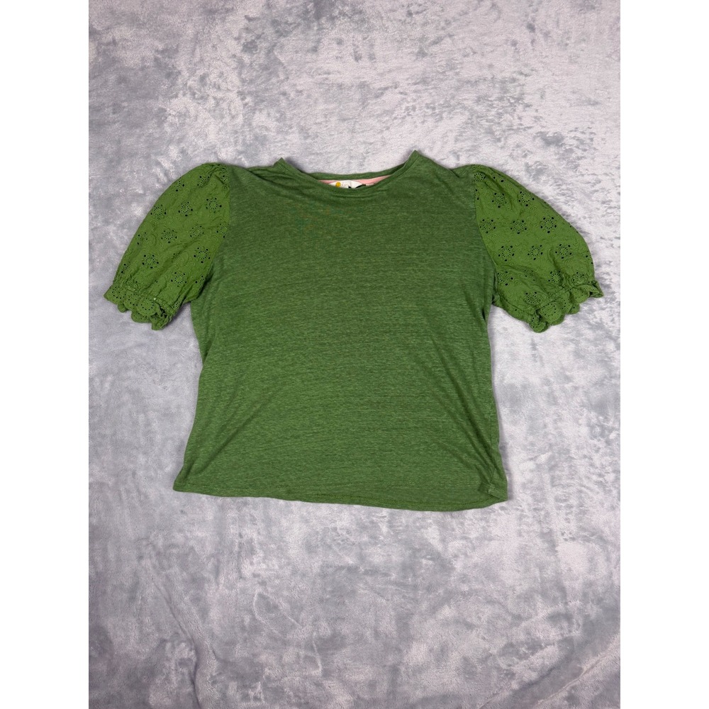 Boden Green Linen Eyelet Puff Sleeve Tee Top T0935 US 8 UK 12